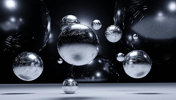 3D visualization, textured silver balls, abstract 3D, floating silver balls, complex textures, shadows, metallic spheres, digital art, 3D rendering, abstract art, silver spheres