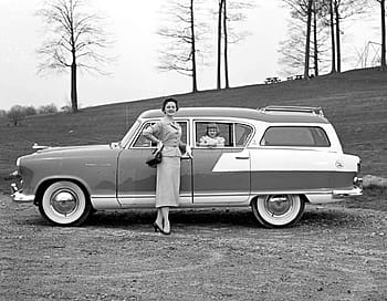 Hudson Rambler, Station Wagon, 1955, vintage car, black and white, woman, child, outdoors, trees, hill, classic car
