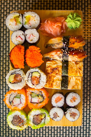 sushi, smažená ryba, nigiri, maki rolích, čerstvé suroviny, sushi talíř, rozmanité sushi, Delicious Sushi, sushi a smažené ryby, čerstvé sushi, Sushi odrůda