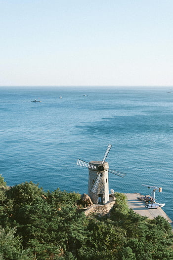 Windmühle, Meer, dalian, China, Grün, blauer Himmel, malerische Aussicht, Küstenlandschaft, Boote, Ozean, Landschaft
