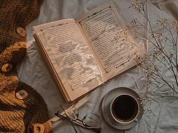 kaffe, åpen bok, tørkede blomster, Koselig stoff, flatt legg, varmt bilde, lesning, briller, kopp kaffe, bok og kaffe, Koselig bakgrunn