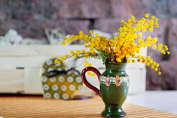 flowers, mimosa, heart, love, vase, flower Vase, yellow Flowers, bloom, blossom, plant, bouquet