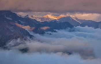 caucasus, russia, mountains, fog, sunset, clouds, travels, summer, nature, landscape, calmness
