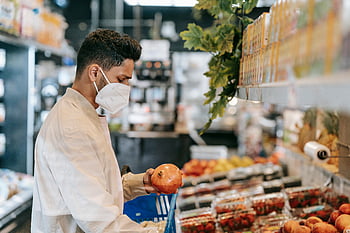 customer, mask, buying, fruits, supermarket, young man, wearing mask, shopping groceries, indoors, COVID-19 pandemic, supermarket shopping