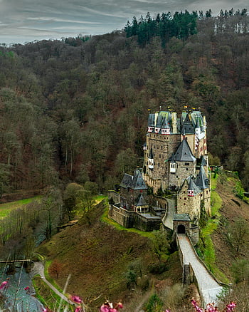 castello di Eltz, colpo di drone, vista aerea, vegetazione lussureggiante, Ellenz-poltersdorf, Germania, castello medievale, scatto drammatico, architettura storica, Paesaggio boschivo, vista panoramica