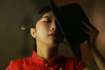 portræt, asiatisk kvinde, vietnam, pige, kvinde, hat, mode, potrait, studie, farverig, ansigt