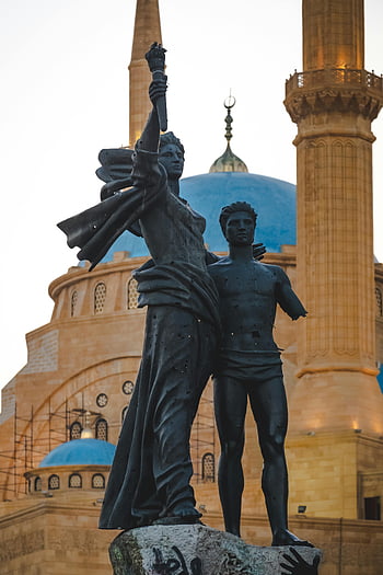 Památník mučedníků, Beirut, Libanon, pozadí mešity, Dějiny, architektura, betonová socha, mučedníci, modrá kupole, minaret, socha