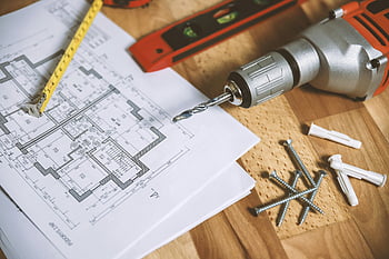 floor plan, construction blueprint, tools, drill, screws, wooden table, close-up, building plans, construction tools, architectural design, blueprint layout