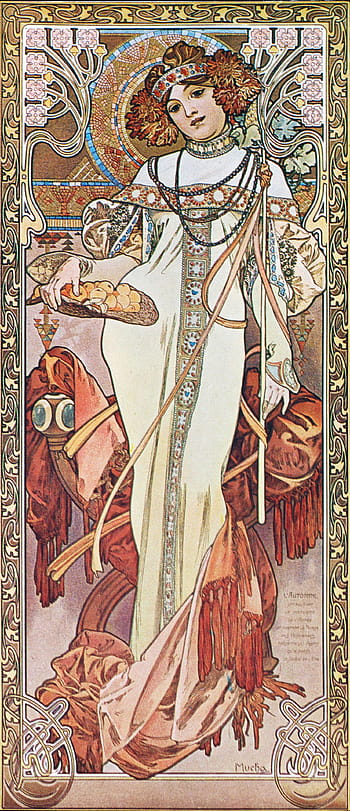 Alphonse Mucha, Art Nouveau, Autumn, high resolution, pin-up, vintage, illustration, decorative, woman, fruit, ornate