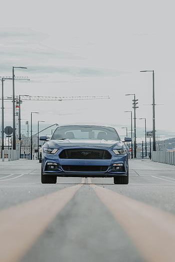 Ford Mustang, blue Mustang, city road, overcast skies, front view, empty road, urban scene, street view, car photography, automotive, blue car