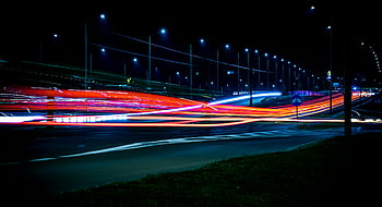 laps de temps, Autoroute, la nuit, longue exposition, sentiers lumineux vibrants, lampadaires, photographie de nuit, scène urbaine, feux de circulation, route, paysage urbain de nuit