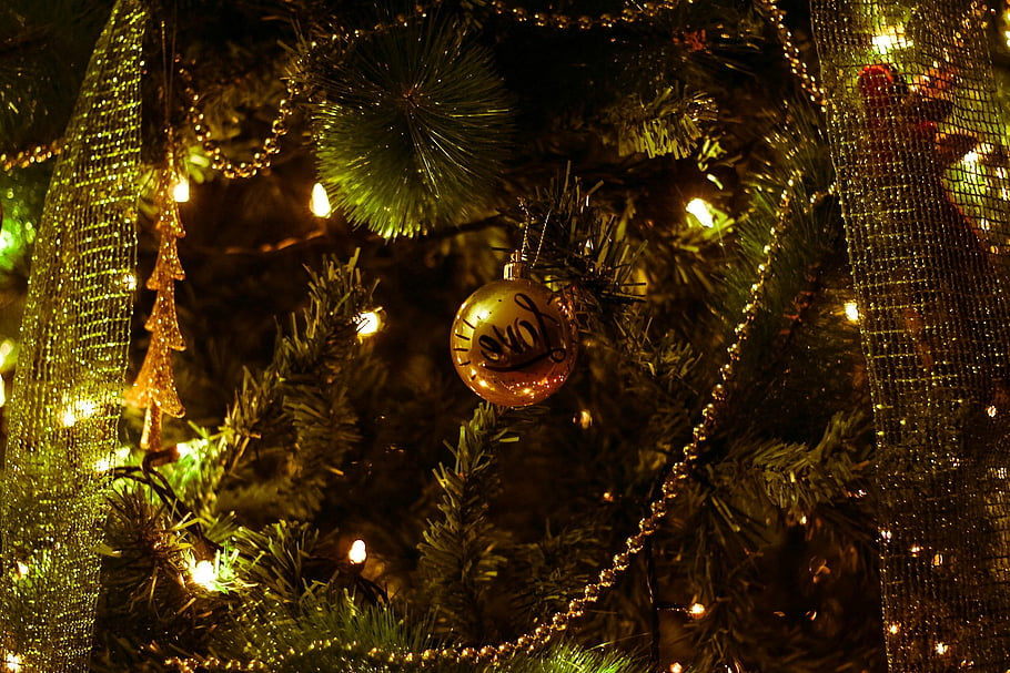 Christmas tree, gold ornament, shallow photography, holiday atmosphere, glistening gold, love ornament, Christmas decor, warm holiday, Christmas lights, festive decoration, gold love ornament