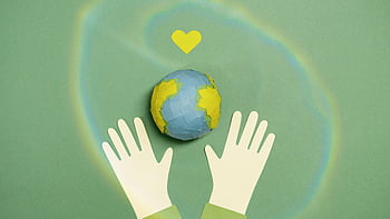 paper cutouts, green surface, hands, paper Earth, heart symbol, environmental protection, illustration, eco-friendly, sustainability, conservation, green background