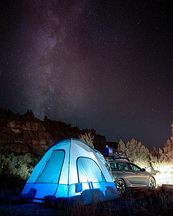 blaues Kuppelzelt, sternenklare Nacht, Campingplatz, Springdale, Utah, zelt camping, Autocamping, Nachthimmel, Milchstraße, Outdoor-Abenteuer, Campingausrüstung, Nachtfotografie