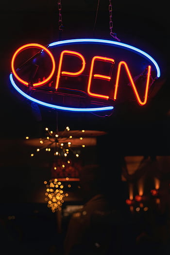 neonový nápis, otevřené znamení, modrá neon, oranžový neon, zářící značka, Snímky nočního života, obchodní značka, temná atmosféra, Oválný znak, neonové osvětlení, neonové otevřené znamení