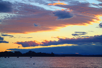 solnedgang, innsjø, natur, regionen av innsjøen murten, vann, skumring, himmel, skyer, bakgrunn, natur tapet, hd bakgrunnsbilde