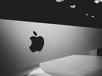 appel logo, zwart en wit, bureaubladscherm, Modern minimalistisch ontwerp, detailopname, Apple merk, monochroom, strak ontwerp, technologie, computer, minimalistische stijl