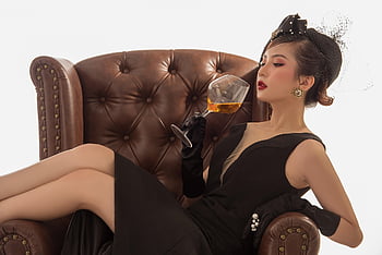 woman, vintage, fashion, girl, style, stylish Woman, black Dress, hat, gloves, drink, glass