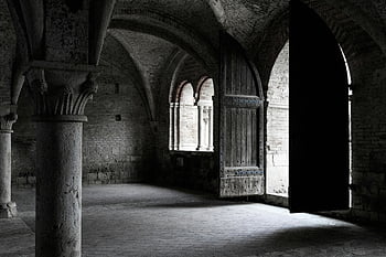 šedý betonový sloupec, vinobraní, budova, Složitě vyřezávaný kámen, Gotický opatství, architektura interiéru, kamenné oblouky, sloupců, Abbey interiér, historické struktury, středověký design, Detaily kamene