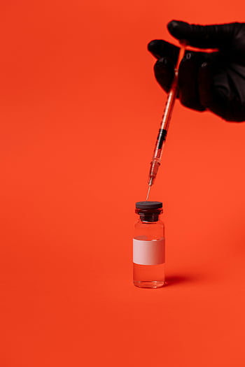 black gloves, syringe, vaccine, vial, red background, medical, injection, healthcare, close-up, needle, hand