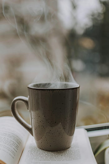 كوب من القهوة،  كتاب مفتوح،  تبخير القهوة،  مشهد مريح،  استرخاء،  منظر النافذة،  وقت القراءة،  مشروب دافئ،  الكتاب والقهوة،  قهوة الصباح،  قراءة مريحة