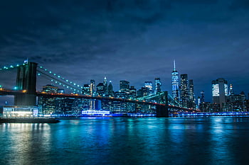 Brooklynský most, panorama New Yorku, noční výhled, osvětlený most, panorama města, tělo z vody, noční dobu, nádherný výhled, městské krajiny, světla města, pohled na nábřeží
