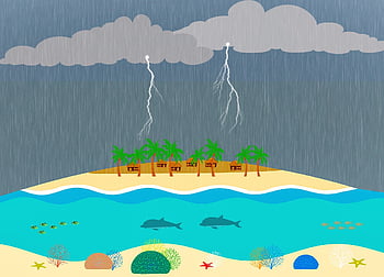 tropical Island, storm, lighting, dark Clouds, fish, nature, whales, coral, sand, palm Trees, huts
