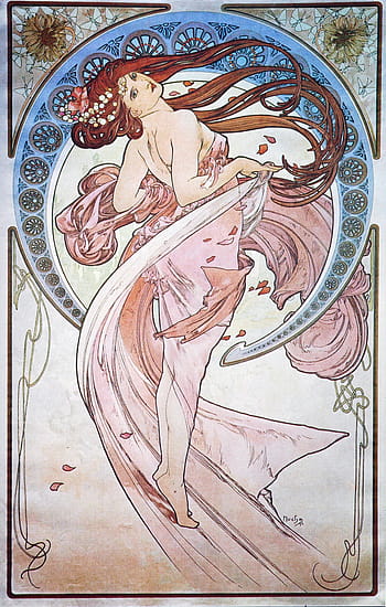 Alphonse Mucha, secese, tanec, 1898, vysoké rozlišení, žena, tekoucí šaty, květinový, dekorativní, umění, vinobraní