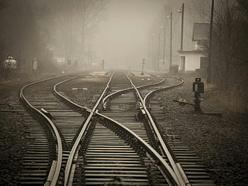 șine de tren, oraș, cu toane, cețos, sine de cale ferata, peisaj cețoasă, călătorie, mister, sine de tren, Căi ferate urbane, Scena atmosferică