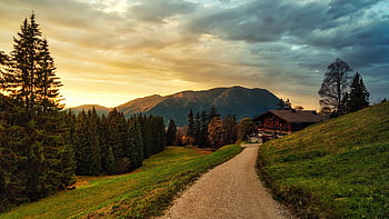 autumn, path, hut, house, alps, trees, landscape, travel, sunrise, sunset, sky