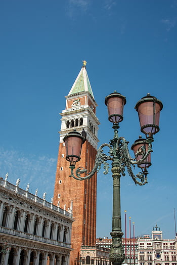 venice, italy, piazza, san Marco, campanile, lamp, architecture, sky, blue Lamp