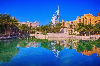 hotel, budova, palmy, letovisko, architektura, cestovní ruch, Dubaj, emiráty, olejomalba, george paris, Spojené arabské emiráty