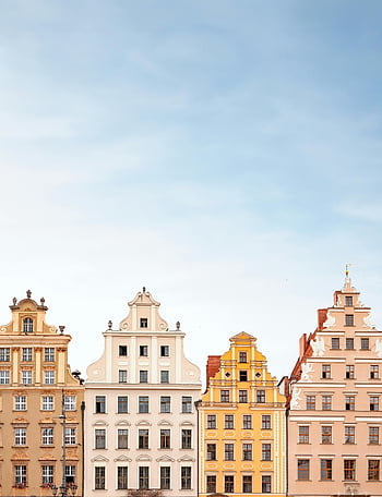 Farverige lejligheder, gammel by, Wrocław, Polen, historiske lejligheder, charmerende facader, farverige facader, europæisk arkitektur, bybilledet, bylandskab, historiske bygninger