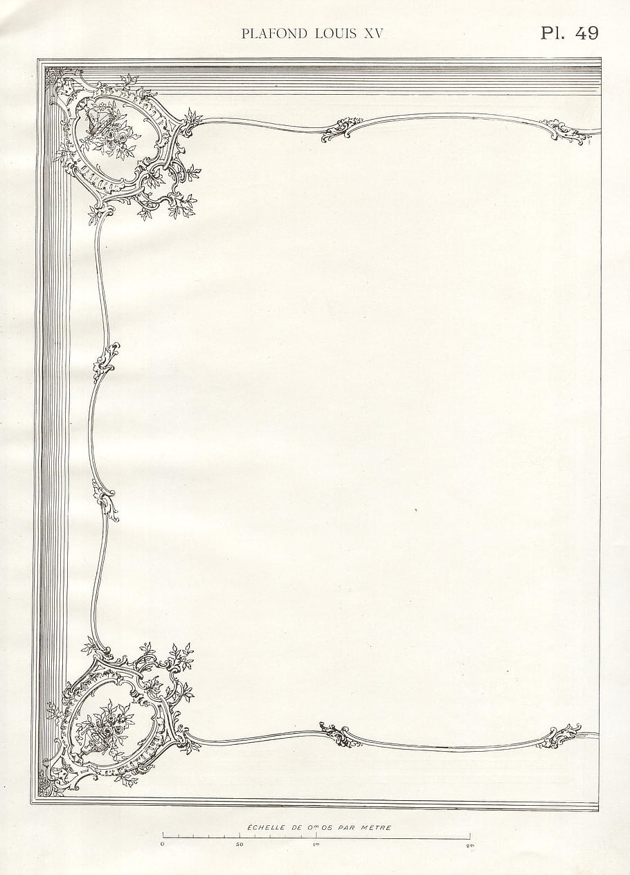 Louis XV, stropní konstrukce, architektonické kreslení, ozdobený rám, dekorativní prvky, květinové motivy, Vintage ilustrace, architektonické skici, Zaměstnanci P49, Výkres měřítka, francouzský styl