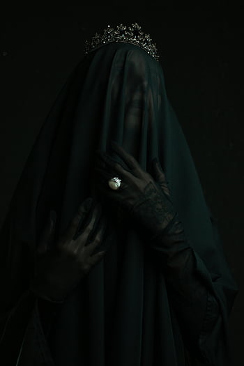 veiled woman, mysterious, scary, ethereal portrait, darkness, crown, ring, mystery, elegance, tattooed hand, black veil