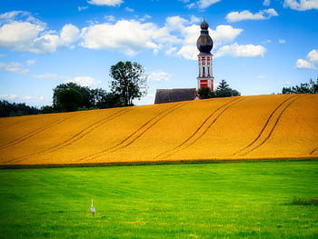 Hügel, Kirchturm, Kornfeld, Kirche, Landschaft, Natur, Dorf, Felder, Bayern, Wiese, Deutschland