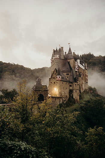 eltz hrad, hora, mlha, wierschem, Německo, okouzlující pohled, zahaleno mlhou, uhnízděný, hrad, středověké architektury, scénické krajiny