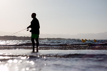 man, fishing, beach, silhouette, sunset, sunlight, leisure, nature, activity, fishing Rod, sea