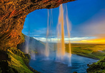 cascata di seljalandsfoss, Islanda, cielo al tramonto, magnifica vista, cascate, montagna rocciosa, paesaggio naturale, bellezza scenica, scenario all'aperto, destinazione del viaggio, fotografia naturalistica