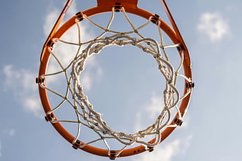 basketball hoop, orange hoop, net, clear blue sky, sports themes, close-up, outdoor sports, basketball net, sports equipment, basketball ring, sky background