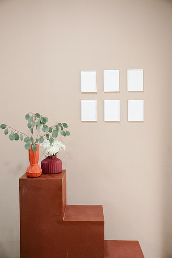 modernes Interieur, Vasen, Eukalyptus, Blumen, Stufenschelf, beige Wand, leere gerahmte Papiere, gerahmte Kunst, minimalistisches Dekor, Wohnkultur, pflanzliche Anordnung