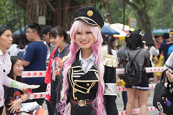 cosplay, asijské ženy, kostým, venkovní festival, Vietnam, růžové vlasy, vojenskou uniformu, událost cosplay, Účastníci festivalu, Postava cosplay, cosplay outfit