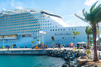 Allure of the Seas, white cruise ship, docked, tropical port, vibrant, palm trees, waterfront, luxury travel, vacation destination, cruise liner, people exploring