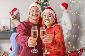 christmas, couple, cheers, toast, object, santa, beverage, friendship, gathering, lights, together