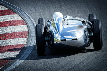 Klasické stříbrné závodní auto, Track křivka, elegance, Rychlost, závodní auto, pruh, Šedé závodní auto, Historické auto, motoristický sport, soutěž, automobilového průmyslu