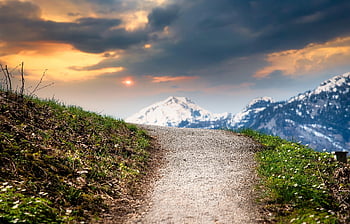 mountains, path, sunset, trail, meadow, landscape, nature, dusk, evening