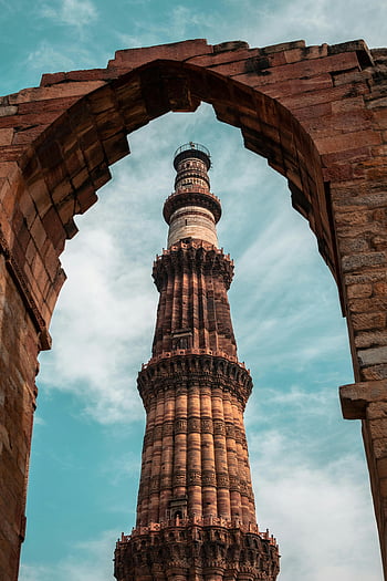 qutub minar, věž, Indie, cihlový oblouk, Jasný den, nápadný pohled, historická památka, Dillí, starověké architektury, minaret, mezník