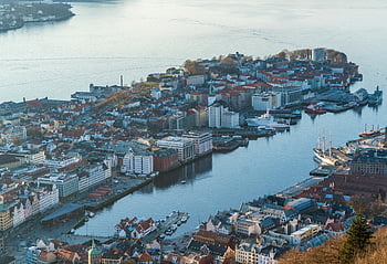 bergen, Norsko, vysoký úhel pohledu, panoráma města, přístav, Budovy na nábřeží, lodí, letecký snímek, pohled, městské krajiny, nábřeží města