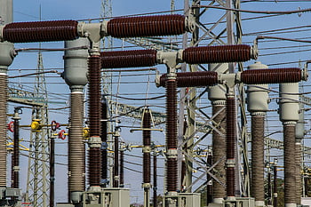 Gray and Black Power Transmission Station, high voltage electrical substation, transformers, power lines, detailed view, electrical infrastructure, energy distribution, utility equipment, industrial power station, electrical components, power grid