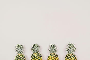 ananas, Minimalistický obrázek, bílé pozadí, tropická témata, čtyři ananasy, zarovnané ananas, ovocné fotografie, tropické ovoce, ananas fotografie, Minimalistická fotografie